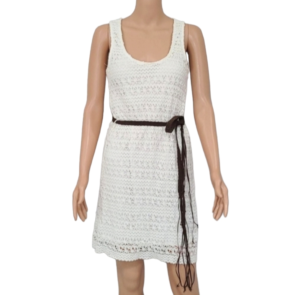 CHARMING CHARLIE Ivory Round Neck‎ Sleeveless Crochet Beach Dress Size M